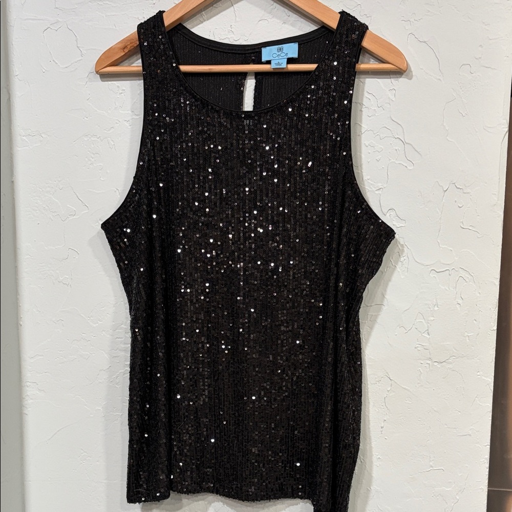 CeCe Black Sequin Keyhole Tank Top Large